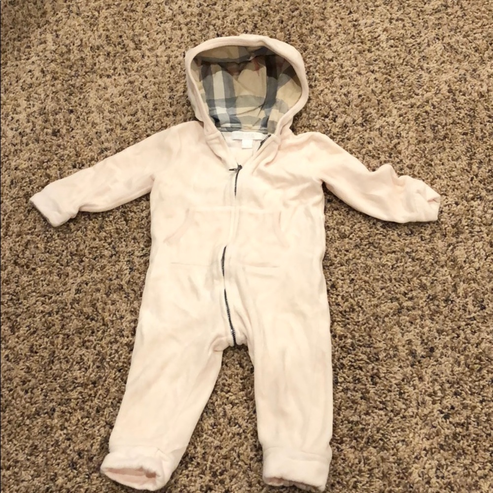 Velour soft pink BURBERRY onesie with hood